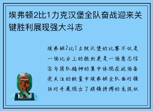 埃弗顿2比1力克汉堡全队奋战迎来关键胜利展现强大斗志